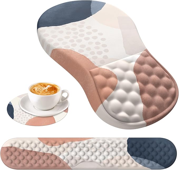 HAOCOO Ergonomic Mouse Pad with Wrist Rest and Keyboard Wrist Rest Set, 3 PCS Computer Carpal Tunnel Mouse Pads for Desk with Coaster, Memory Foam Mousepad Support for Office Women, Boho Navy Pink