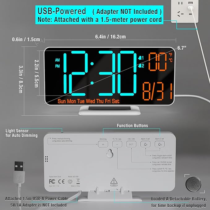 KOSUMOSU Alarm Clocks for Bedrooms, 6.7" Black Small Digital Clock LED, Desk Alarm Clock with Auto Dimming,Seconds, Day of Week, Indoor Temperature,Clocks for Living Room