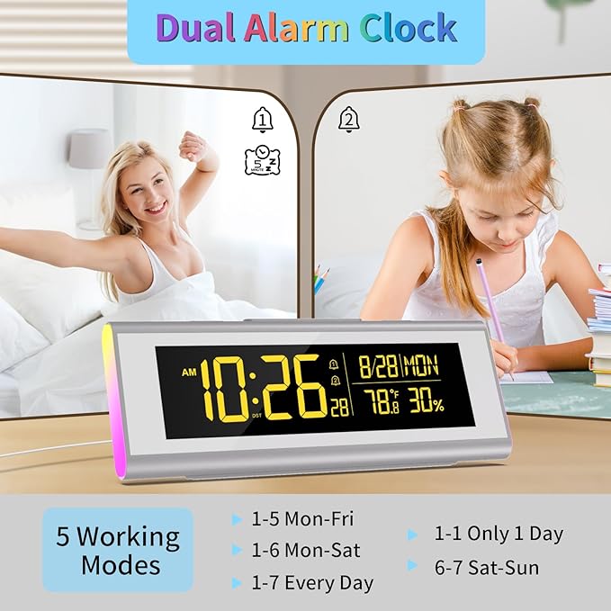 Digital Alarm Clocks for Bedrooms, LED Desk Clock with RGB Night Light, Brightness Dimmer, Date, Week, Temperature Large Display, Modern Decor for Desk, Office, Gift for Kids, Teen, Adults (Silver)