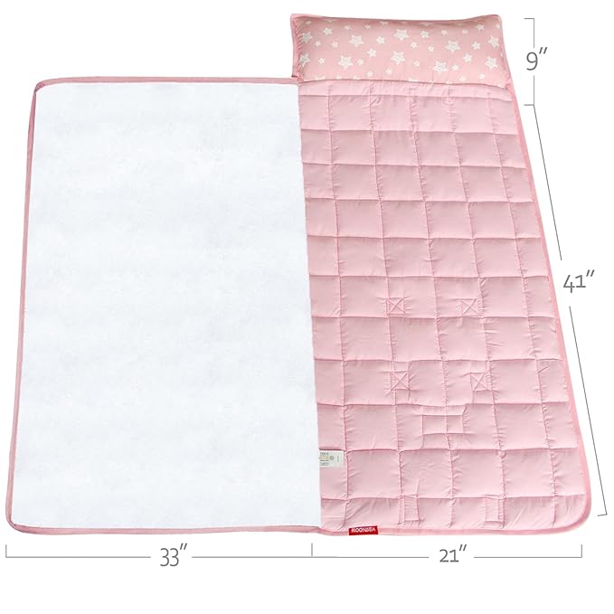 Moonsea Toddler Nap Mat Pink and Fleece Minky Blanket, Lightweight and Soft Perfect for Kids Preschool, Daycare, Travel Sleeping Bag for Girls, 21" x 50" Fit on a Standard Cot