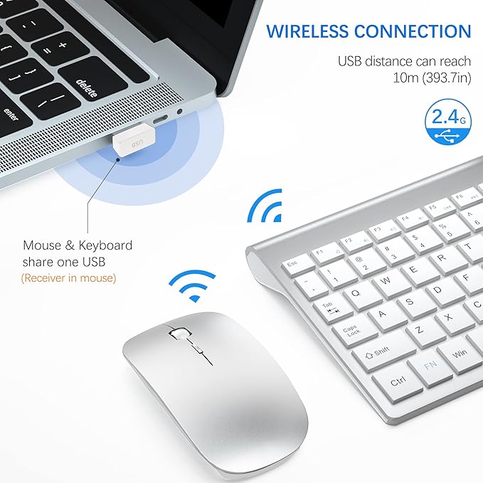 Wireless Keyboard and Mouse Ultra Slim Combo, TopMate 2.4G Silent Compact USB 2400DPI Mouse and Scissor Switch Keyboard Set with Cover, 2 AA and 2 AAA Batteries, for PC/Laptop/Windows/Mac-Silver White
