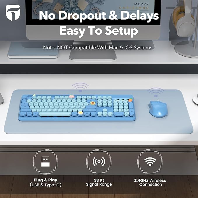 Wireless Keyboard and Mouse Combo, Retro Round Keycaps, Full-Size Cute Typewriter Keyboard with Large Phone/Tablet Holder, Auto-Sleep, 2.4GHz Cordless Connection for Windows/PC/Laptop (Sky Blue)