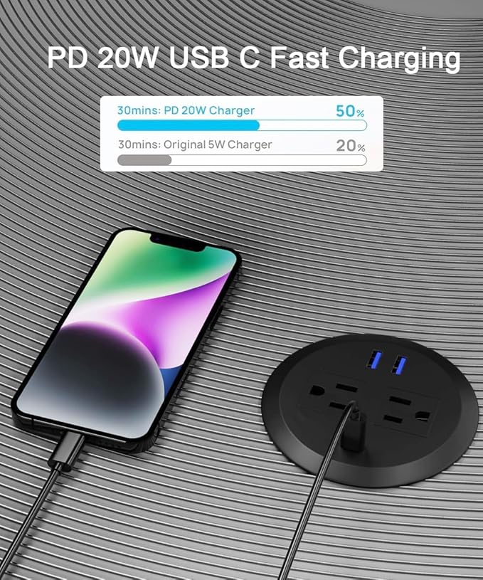 2PCS 3 Inch Desktop Power Grommet,10ft Cord,20W USB C Fast Charging Station,3-USB Port,Flush Mount.Round Recessed Power Strip Desk Hole Grommet Outlet for Workspace,Sofa,Black