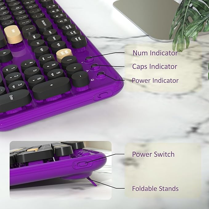 Wireless Computer Keyboards Mouse Combos, COVEVA Colorful Typewriter Retro Keyboard with Round Keycaps, USB Keyboard and Mouse Set 2.4GHz Full-Size Wireless Keyboard and Optical Mouse（Black-Purple）