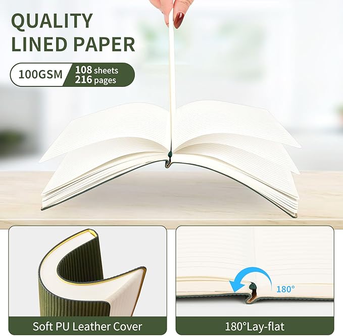 TSFPapier A5 Lined Notebook with Pen & Gift Box 216 Pages PU Leather Journal for Women Men 100GSM Thick Paper College Ruled Notebook for School,Travel,Business,Work,Home Writing (A5 Lined 216pages, Dark Green - Gift Box Set)