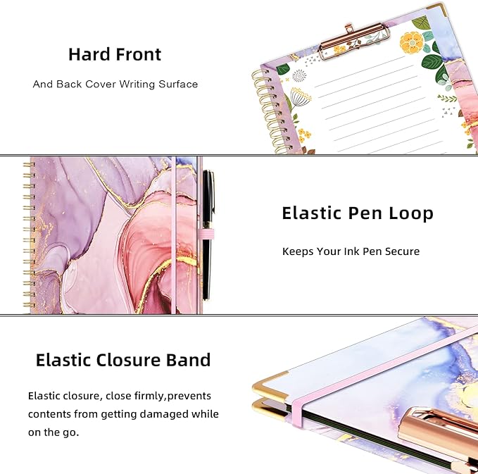 Ospelelf Clipboard with Storage 8.5 X 11，Padfolio Organizer, Spiral Portfolio Letter Size with Notepad, Pen Holder, 5 Extra Folder Divider Pages, Elastic Closure Nurse Office Essentials (Pink Marble)