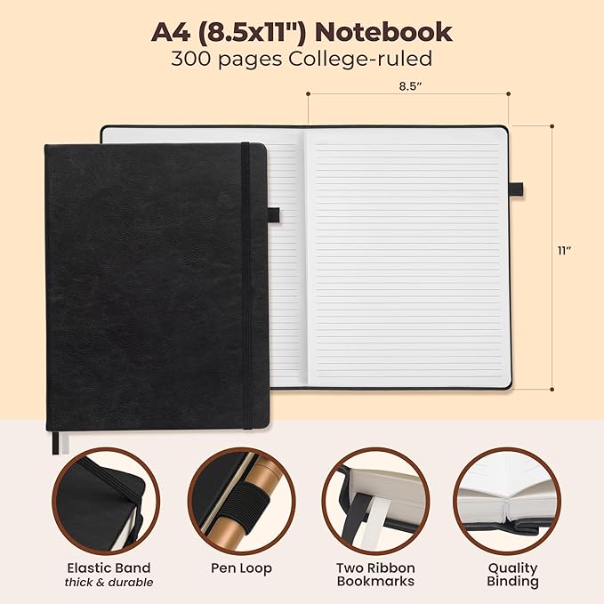 Thick Lined Journal Notebook 8.5x11" with Big A4 Hardcover Leather - Black - 300 Pages College Ruled Large with Sticky Tabs, Pockets, & Pen Loop for Writing and Journaling - Hard Cover Fancy Notebook