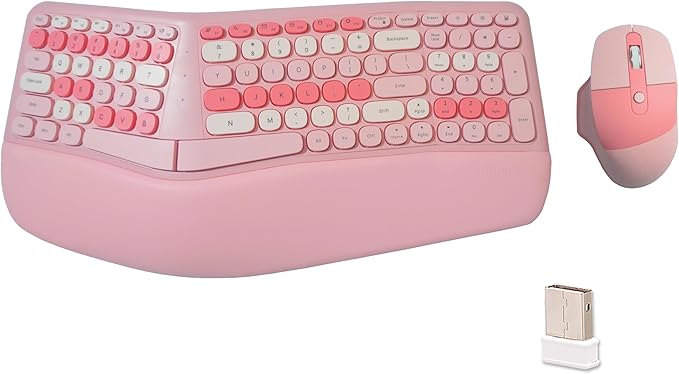 Wireless Ergonomic Keyboard and Mouse Combo with PU Wrist Rest, Carpal Tunnel Keyboard, 2.4G Colorful Split Ergo Keyboard, Comfortable Natural Typing, Compatible with PC/Laptop (Pink)
