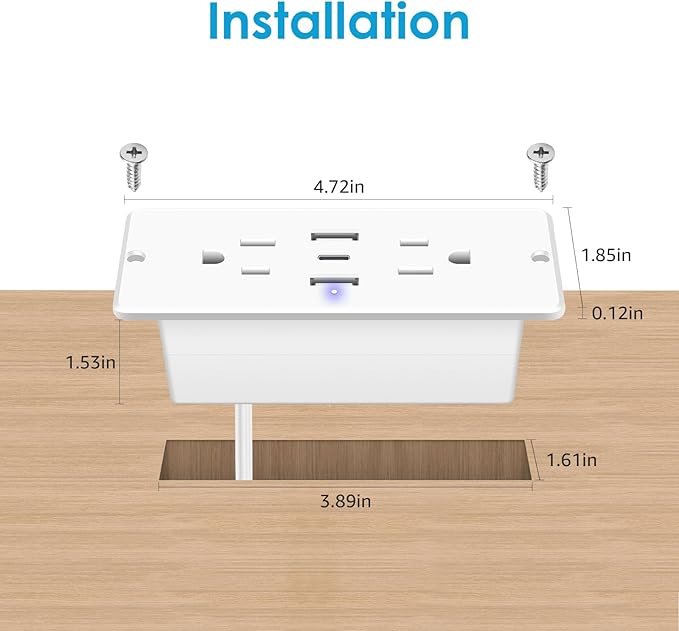 HHSOET 5 in 1 Recessed Power Strip Flat Plug, 20W Fast Charging Furniture Outlet with USB, Conference Recessed Socket with 2 AC Plugs, 2 USB Ports 1 USB-C, 10ft Power Cord. (White)