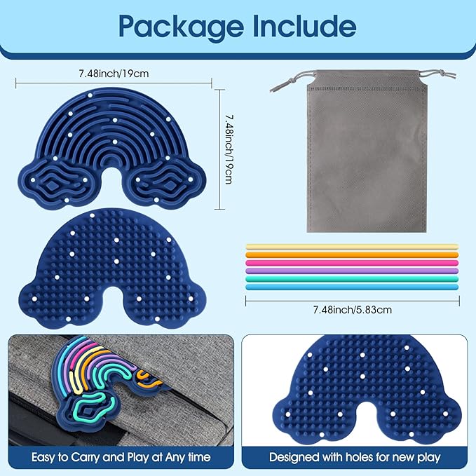 Sensory Activity Board Silicone Fidget Toy, Double-Sided Rainbow Sensory Toys for Autism, Stress, Anxiety, ADHD, Kids 3+& Adults, Includes Travel Bag & 12 Strings, Dark Blue