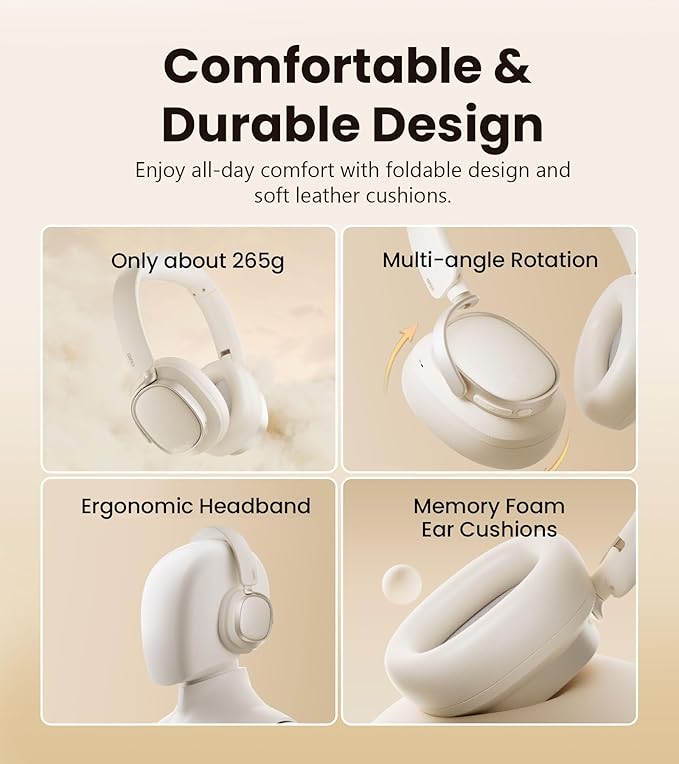 Edifier Active Noise Cancelling Headphones, Over Ear Bluetooth Headset, 92H Playtime Wired & Wireless Hi-Res Audio Certified, Fast Charging Clear Calls for Home Office Travel - Ivory