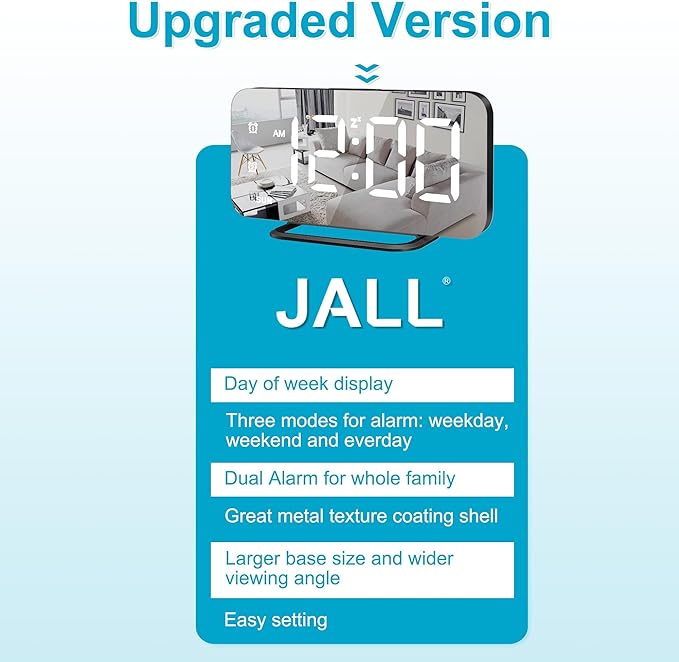 Slim LED Digital Alarm Clock, Mirror Surface for Makeup, with Diming, Large Display, Easy Setting, USB Ports, Modern Decor for Bedroom, Desk, Idea for Women, Sister, College Girl, Black