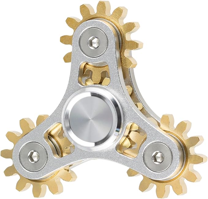 FREELOVE Gear Metal Fidget Spinner Toys for Adults, Small Mini Tiny Pockget Figette, Bike Chain, Copper Brass Hands Gyro, Quiet Silent Cool Cube for Anxiety Men (4 Gears Linkage, Silver-Brass)