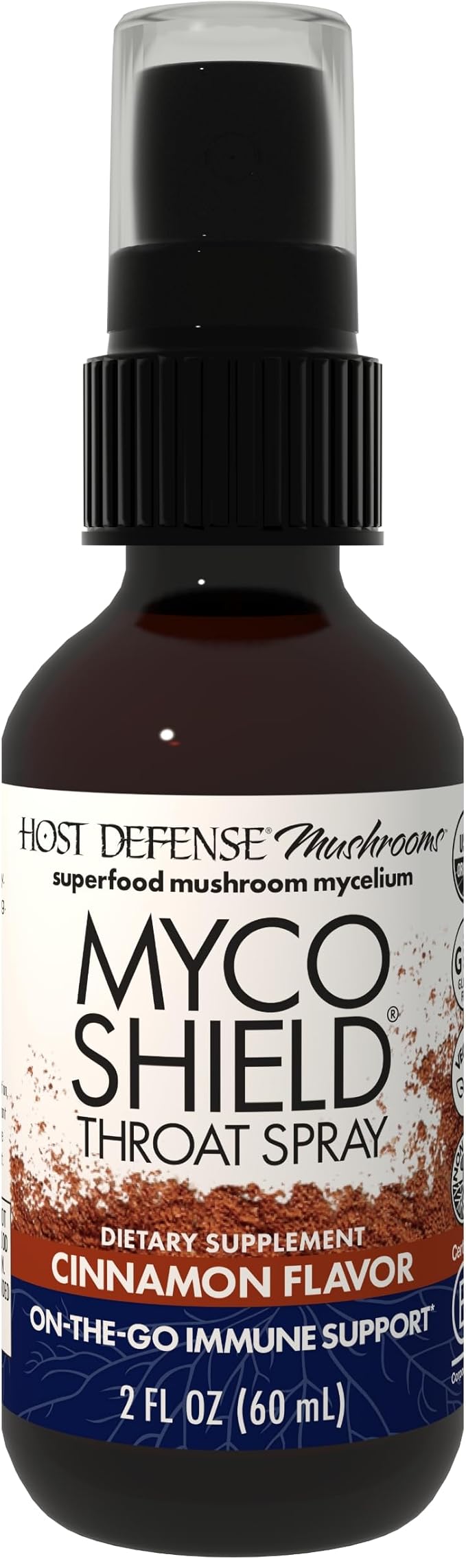 Host Defense MycoShield Throat Spray - Immune Health Support - Dietary Mushroom Supplement with Chaga, Reishi, Turkey Tail & More - On-The-Go Immune Support - Cinnamon Flavor, 2 fl oz (142 Servings)*
