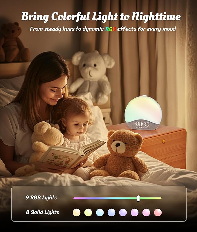 ecozy Sunrise Alarm Clock, White Noise Sound Machine, Upgraded Backlit Buttons for Bedrooms, 26 Soothing Sounds, 17 Night Lights, Bluetooth Speaker, Wake Up Sunlight for Heavy Sleepers, Adults, Kids