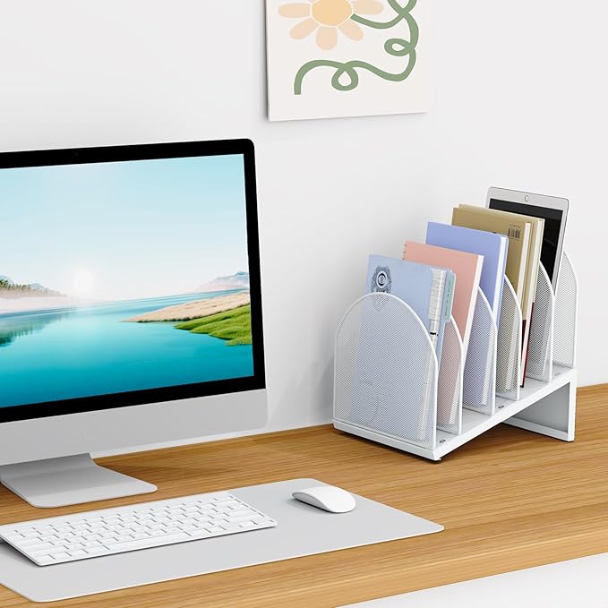 5-Section Desk File Organizer, Metal Mesh Folder Organizer for Documents, Mail & Office Papers (White)