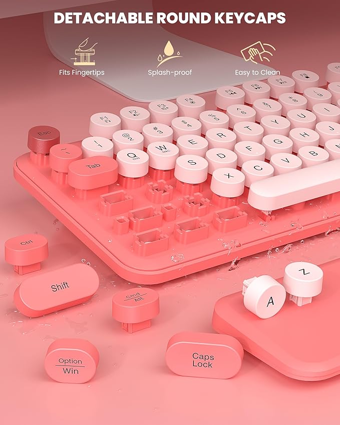 Wireless Keyboard and Mouse - Cute Round Keycaps, Detachable Wrist Rest, Full-Size Retro Typewriter Keyboard with Tilt Legs, 2.4G Wireless Combo for Women, PC, Laptop, Windows - Trueque (Blush Pink)