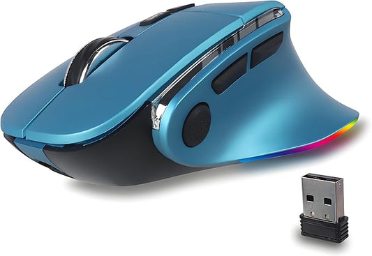 Ergonomic Mouse Jiggler,Bluetooth Vertical Wireless Mouse,LED Rechargeable Optical Computer Mice, Portable(BT5.2 or USB 2.4GHz) Dual Mode,1000/1600/2400 DPI,8 Buttons for Laptop,PC,Macbook (Blue)