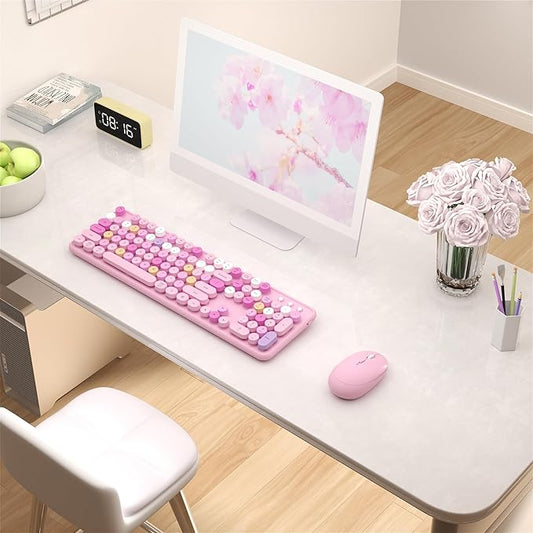 Colorful Wireless Keyboard and Mouse Combo, COVEVA 2.4GHz Wireless Retro Cute Round Keycaps Keyboard, 104 Keys Full-Sized Keyboard Mouse Set with Switch Button for PC Laptop Desktop (Pink Colorful)