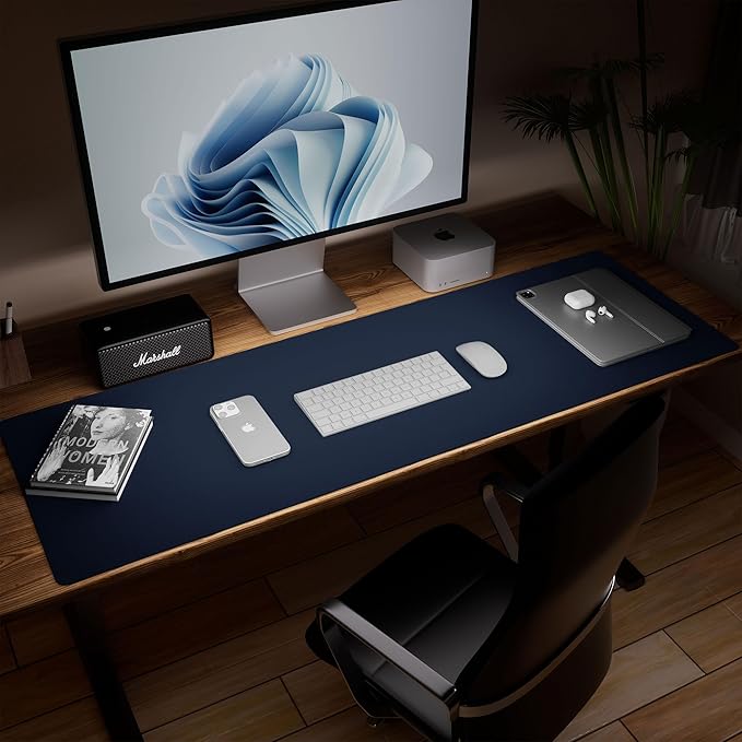 Aothia Leather Desk Pad Protector, Office Desk Mat, Large Mouse Pad, Laptop Desk Pad, Non-Slip PU Leather Desk Blotter, Waterproof Desk Writing Pad for Office and Home (Dark Blue, 47" x 17")