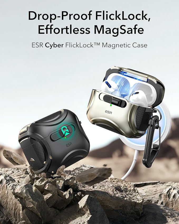 ESR for AirPods Pro Case (2023/2022/2019, 2nd/1st Gen), Compatible with AirPods Pro 2nd Generation (USB-C/Lightning Cable), Effortless MagSafe, Drop-Proof Lock, Easy Open, Cyber Series, Titanium