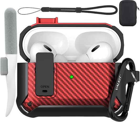 Valkit Armor Series Full-Body Shockproof Protective Case Cover for AirPods Pro 2nd/1st Generation Charging Case with Carabiner Keychain, LED Indicator, and Accessory Pouch