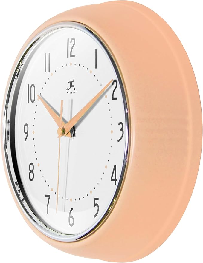 Infinity Instruments Retro 9.5 Inch Round Indoor Wall Clock, Peach Fuzz