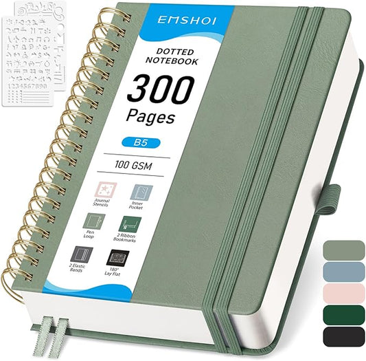 EMSHOI Bullet Dotted Journal Spiral Notebook - 300 Pages, B5 Hardcover Leather, 100 GSM Thick Dot Grid Notebook for Women Men Work Writing, Bullet Journaling, Drawing, 7.48" x 10.15", Light Green