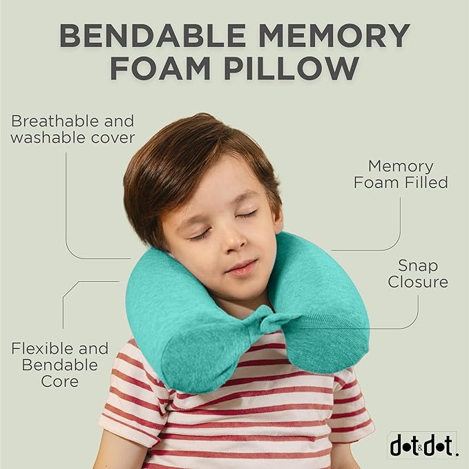 Dot&Dot Green Twist Memory Foam Kids Travel Pillow for Airplanes - Kids Neck Pillows for Sleeping - Airplane Pillow for Neck Support, Chin, Lumbar, Leg - Adjustable Toddler Neck Pillow