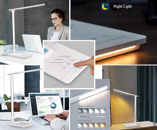 TECHNOVA LED Desk Lamp with 5 Color Temperatures | Sliding Stepless Dimming & One-Touch Timer | Foldable & Portable Design for Office/Study/Nail Art | USB Charging & Four-Axis Rotation for Small Desks
