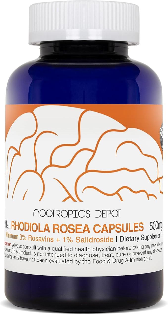 Nootropics Depot Rhodiola Rosea Capsules | 500mg | 3% Rosavins | 120 Count | Adaptogen Herb | Ayurvedic Supplement