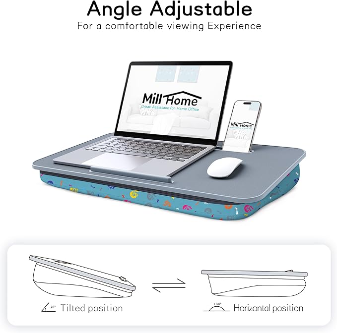 Millhome Lap Desk | Portable Laptop Desk – Fits Up to 17.3" Laptops – Detachable & Washable Cushion, Phone Holder, Device Ledge – for Writing, Working, Reading on Bed, Couch, Floor – Maui Blue Skull