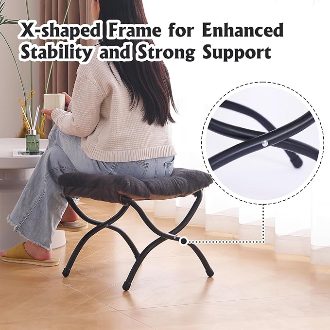 Welnow Folding Foot Stool, Upholstered Small Accent Ottoman with Detachable Thick Cotton Cushion Padded Sofa Stool and Metal Frame for Lazy Chair, Living Room, Bedroom, Black