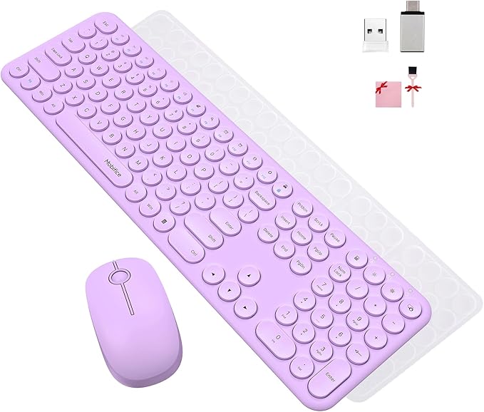 Cute Wireless Keyboard and Mouse Combo Slim 2.4GHz USB Cordless Full Size Silent Retro Keyboard and Mouse Set for PC Computer,Laptop,Windows,Mac,Tablets（Upgraded Violet）