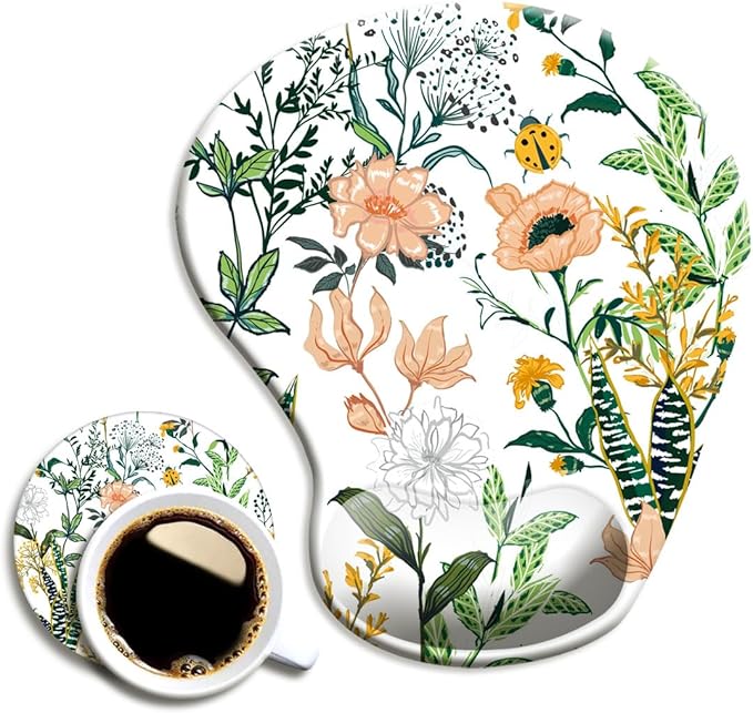 Ergonomic Mouse Pad with Wrist Support, Cute Mouse Pads with Non-Slip PU Base for Home Office Working Studying Easy Typing & Pain Relief Beautiful Floral