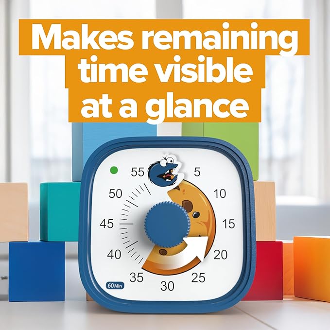 Visual Timer for Kids – Cookie Monster Clock - Silent Time Management – 60 Minute Countdown – Focus and Productivity Tool – for Classroom, Toddlers, Study, Toothbrush – Fun Design – Adjustable Alarms