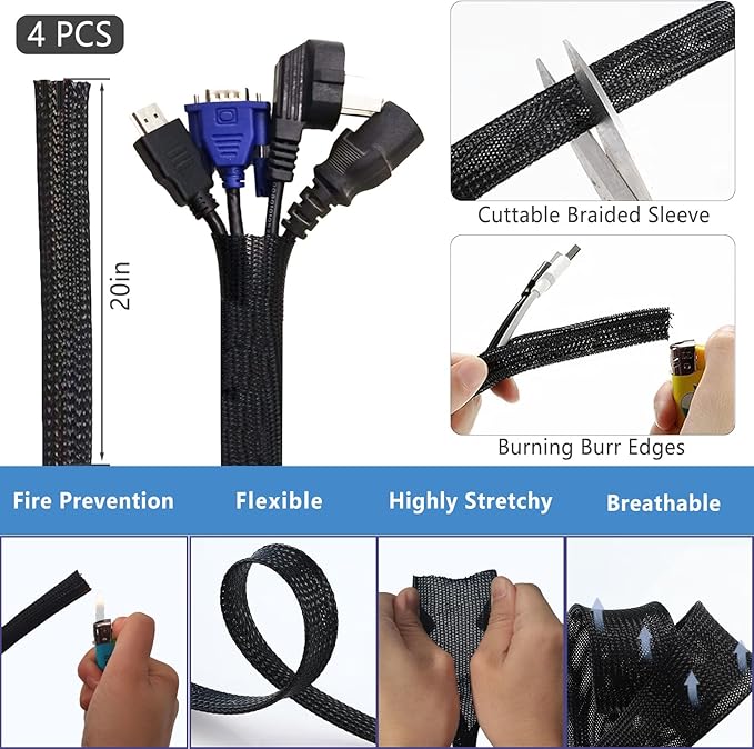 ELII 302PCS Cable Management Kit 4 Cable Sleeve,45Cable Clips,11Cable Holders,22 Roll Cable Organizer Straps and 200 Fastening Cable Ties,20 Cable Zip Tie Mounts Computer Under Desk (Black)