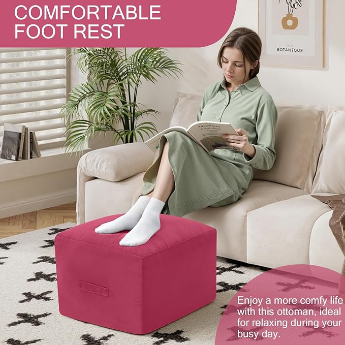 MeMoreCool Square Stuffed Pouf Ottoman Foot Rest, Floor Pouf Foot Stool with Foam Chunk Filling, Soft Stuffed Ottoman Footrest for Living Room, Magenta