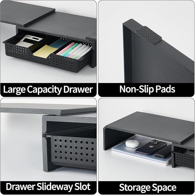 Dual Monitor Stand Riser with Drawer, Desk Organizer and Accessories, Metal Laptop Stand for Desk, Workspace Desktop Stand for Computer, Laptop, TV and More (Black)