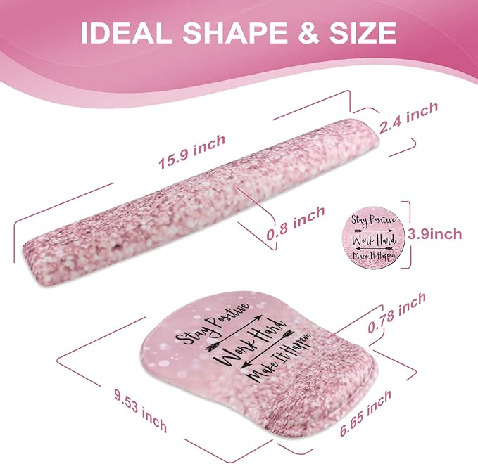 HAOCOO Pink Mouse Pad Support, Keyboard Wrist Rest, Gel Wrist Rest for Computer and Mouse Pad Set, Anti-Slip Base, Keyboard Pad with Coaster for Office Home Women, Stay Positive