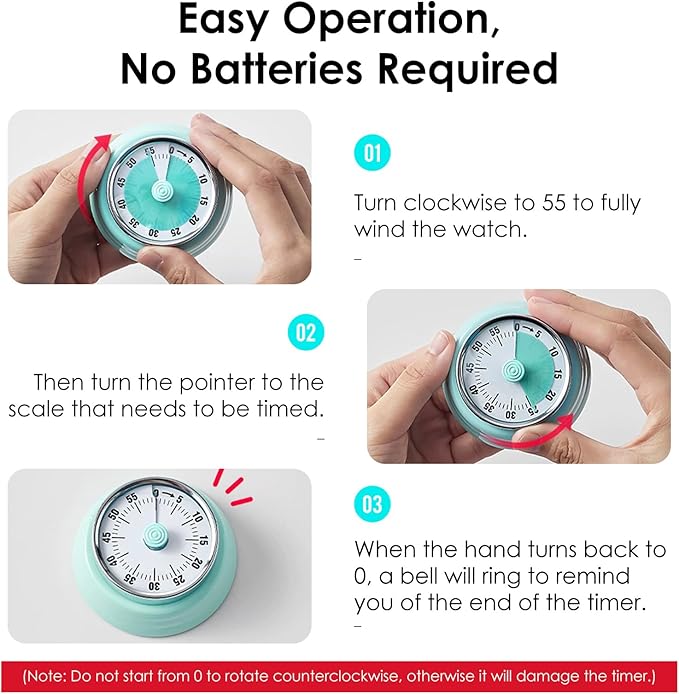Visual Timer, Teeloray 60-Minute Countdown Timer, Kitchen Timer with Magnetic Base, Mechanical Clockwork, Ringer Alert, Time Management Tool for Children and Adults, Study/Work/Cooking (Mint Green)