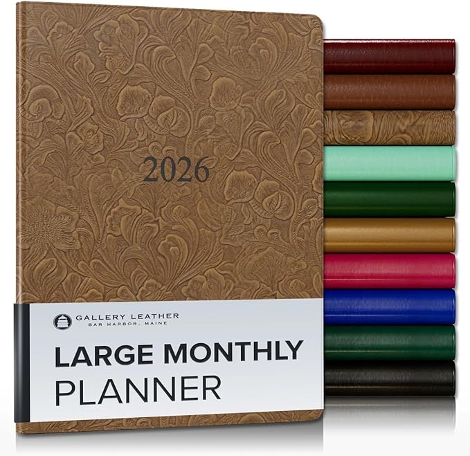 Gallery Leather Large Monthly Planner 2025-2026, Elegantly Bound Calendar Planner and Notebook with Stylish Gold-Gilded Page Edges, 18 Months - Floral Espresso - 9.75x7.5"