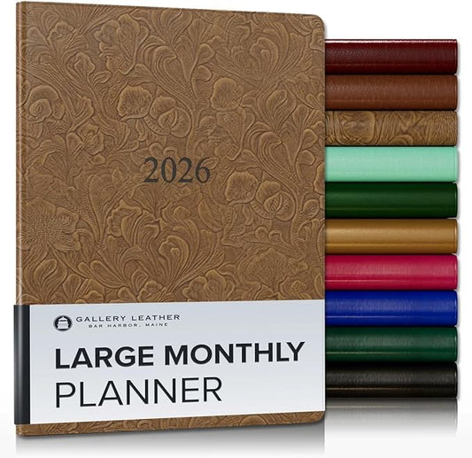 Gallery Leather Large Monthly Planner 2025-2026, Elegantly Bound Calendar Planner and Notebook with Stylish Gold-Gilded Page Edges, 18 Months - Floral Espresso - 9.75x7.5"