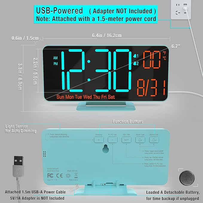 KOSUMOSU Alarm Clocks for Bedrooms, 6.7in Digital Clock, Auto Dimming, Room Temperature, Day of The Week, Seconds, Date, Digital Clocks for Living Room, Desk Clock for Bedroom
