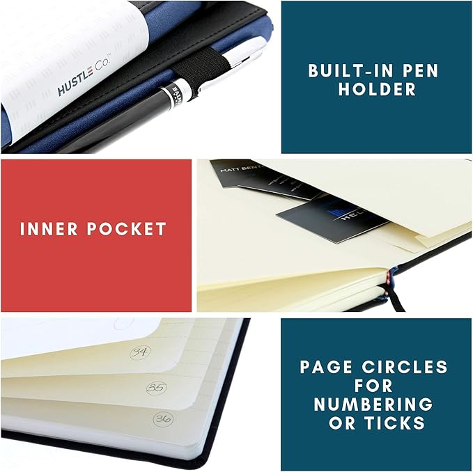 HUSTLE Co. Thick Hardcover Journal Notebook - Ruled/Lined A5 (5x8 inch), Deluxe 120gsm Paper, Lays Flat for Writing, Professional Notebooks for Work, Business, Office, Executive - Men & Women - Black