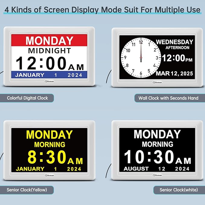 Soobest Digital Dementia Alarm Clock for Seniors Elderly, Electric Large Display Date Day of Week Time Calendar Clock 20 Reminders 3 Ringtones for Memory Loss Alzheimers, Auto DST/Dimmer, 1024*600P HD