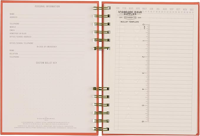 DesignWorks Ink Standard Issue Notebook No. 12 – 6" x 8.25" Undated Daily Planner & Writing Journal, 192 Lined Pages, Elastic Pen Holder, Small Notebook for Work & Journaling - Army Green + Chili