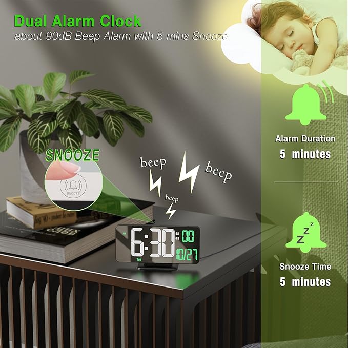 KOSUMOSU Desk Clock 6.7in Black Digital Alarm Clock with Dual Alarm, Dimming, Date, Day of Week, Temp, 12h 24h, Digital LED Clock for Table Decor, Digital Calendar Mirror Clocks Essentials