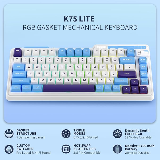 K75 Lite Wireless Mechanical Keyboard, 75% Gasket Mount RGB Gaming Keyboard w/ 3-Mode Knob BT 5.0/2.4G/USB-C Wired, Hot Swappable, 5-Layer Padding & Creamy Linear Switches, Compact 82 Keys