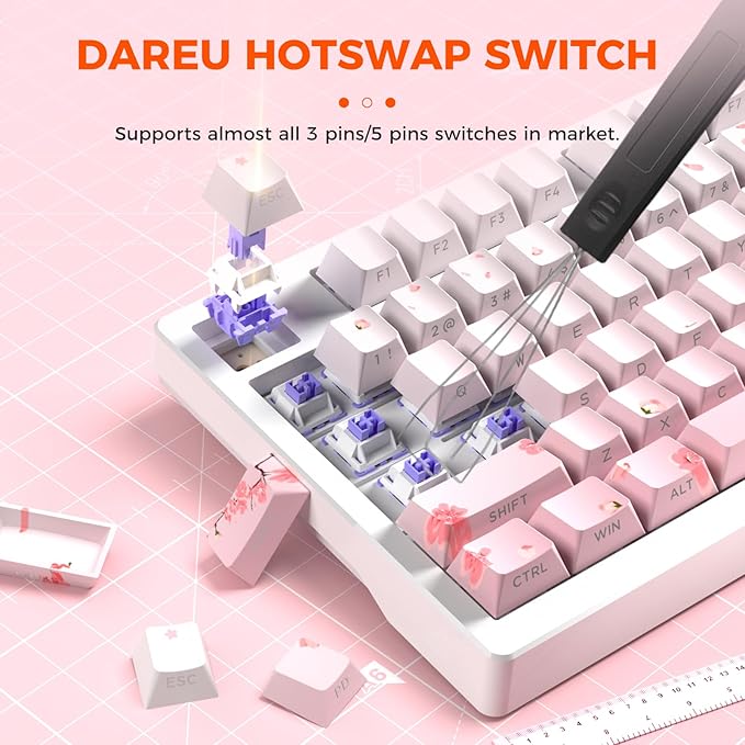 DAREU EK75PRO Sakura Pink Wireless Mechanical Gaming Keyboard,75% Hot Swap Creamy Keyboard with Knob,RGB Backlit,Gasket Custom Structure,Side Printed PBT Keycaps,2.4Ghz/BT5.1/USB-C, for Win/MAC